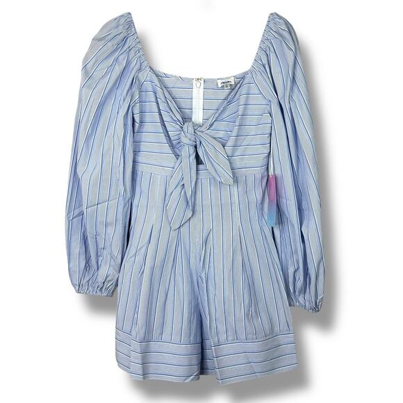 Azura Collection NWT Blue Stripe Knot Front Long Sleeve Pleated Romper Small - Picture 1 of 4